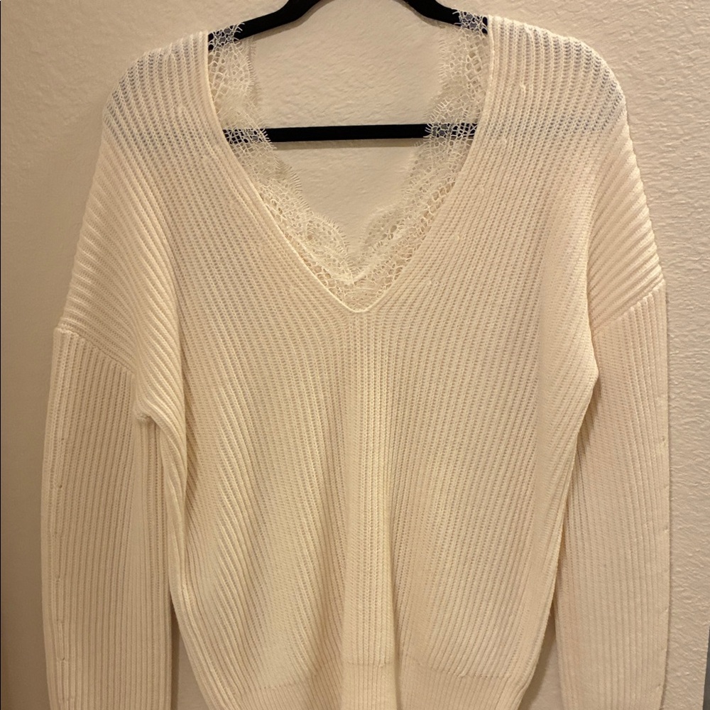 NWT Maje Cream V-Neck Sweater with Lace Detail - Picture 4 of 8